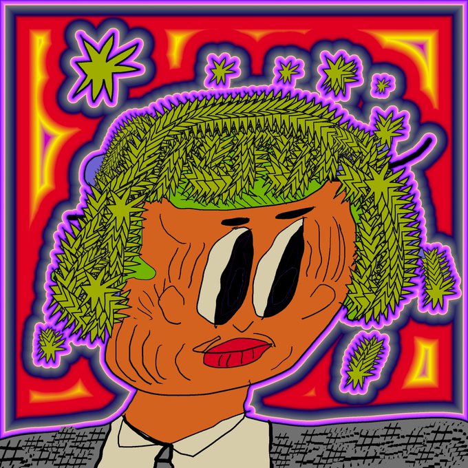 A vibrant, psychedelic cartoon illustration featuring a character with orange skin, curly green cannabis-leaf hair, and large expressive eyes, set against a neon pink and red background with a glowing purple aura.