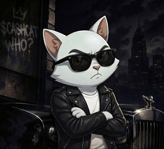 Digital artwork of a white cat wearing sunglasses and a black leather jacket, standing with arms crossed next to a luxury car, with "$CASHCAT WHO?" graffiti on a brick wall behind.