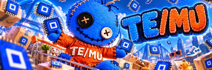 A vibrant promotional graphic or thumbnail featuring a stitched blue teddy bear character wearing an orange hoodie labeled 'TE/MO', with the large text 'TE/MO' displayed against a background of floating blue squares and a cityscape.