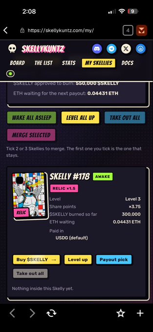 A mobile screenshot of the "SKELLYKUNTZ" website showing a user's "MY SKELLIES" dashboard. It displays details for "SKELLY #178" with Level 3 and 300,000 shares, along with ETH payout information of 0.04431 ETH.