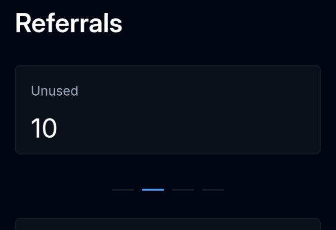 A dark-themed mobile app screen titled 'Referrals' showing 'Unused 10' with pagination dots at the bottom.