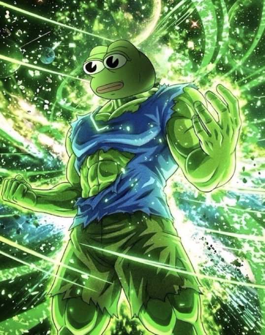 The image features a cartoon character that appears to be a muscular green frog or monster with a blue shirt. The character has bulging muscles and is flexing his arms, giving off an impression of strength and power. The background of the image is filled with bright green lights, creating a vibrant and energetic atmosphere. There are also some stars scattered throughout the scene, adding to the overall visual appeal of the artwork.