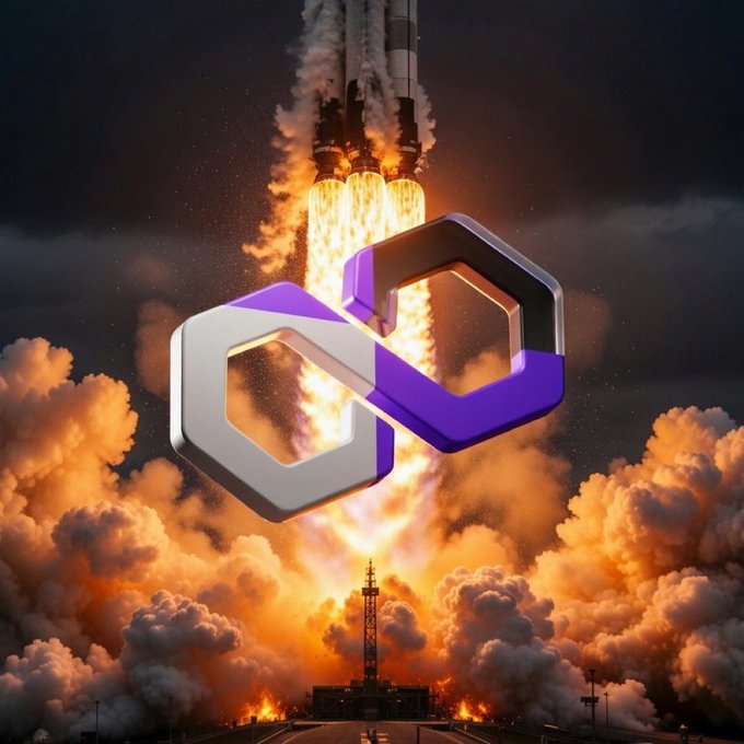 A dramatic rocket launch scene with purple and white interlocking Polygon (POL) logos soaring through fiery exhaust clouds, symbolizing the "liftoff" of Polygon's rebrand from an Ethereum L2 to an independent blockchain powered by its AggLayer interop, as referenced in the post.
