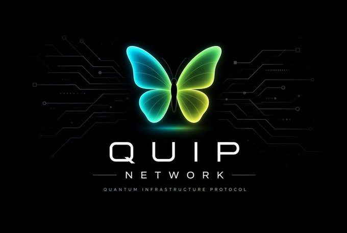 A logo for 'QUIP NETWORK - QUANTUM INFRASTRUCTURE PROTOCOL' featuring a glowing, multicolored butterfly over a dark circuit board background.