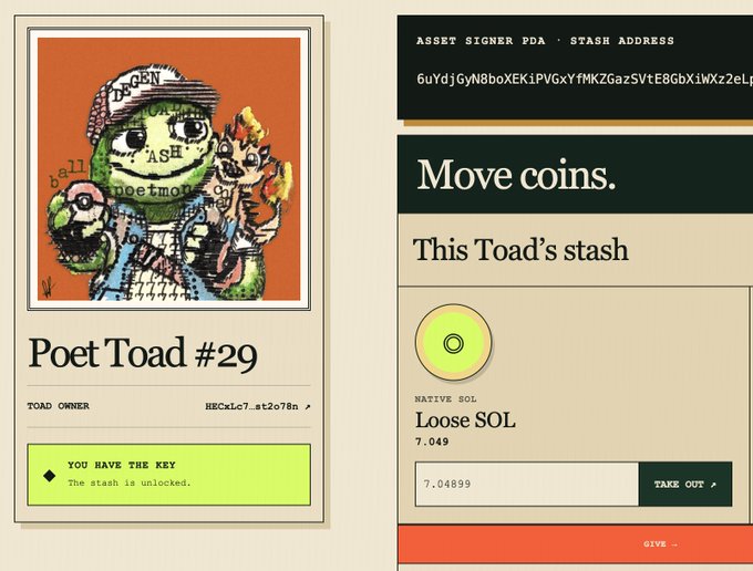 Webpage for 'Poet Toad #29' showing an NFT artwork with a yellow highlighted banner reading 'YOU HAVE THE KEY. The stash is unlocked.', alongside options to move 'Loose SOL' (7.049) to an address.