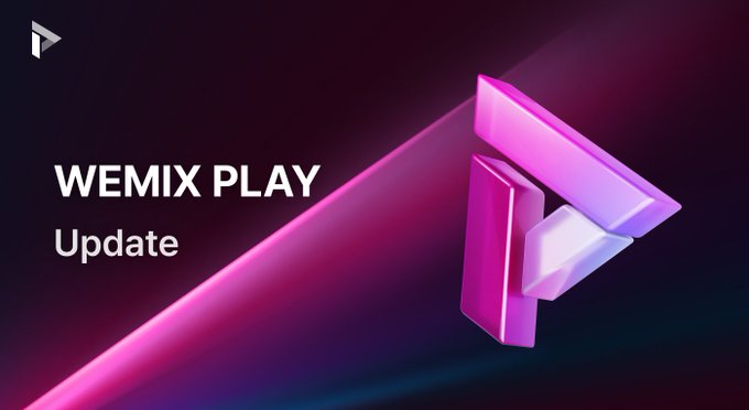 The image features a poster for a software update that is scheduled for release. The poster has a pink triangle at the center, which is part of an advertisement for the WEMIX Play Update. The text on the poster indicates that the update will be available in two weeks and includes details about the updates to the mainnet migration of MIR4'S DRACO tokens, along with improvements to the user interface and bug fixes.