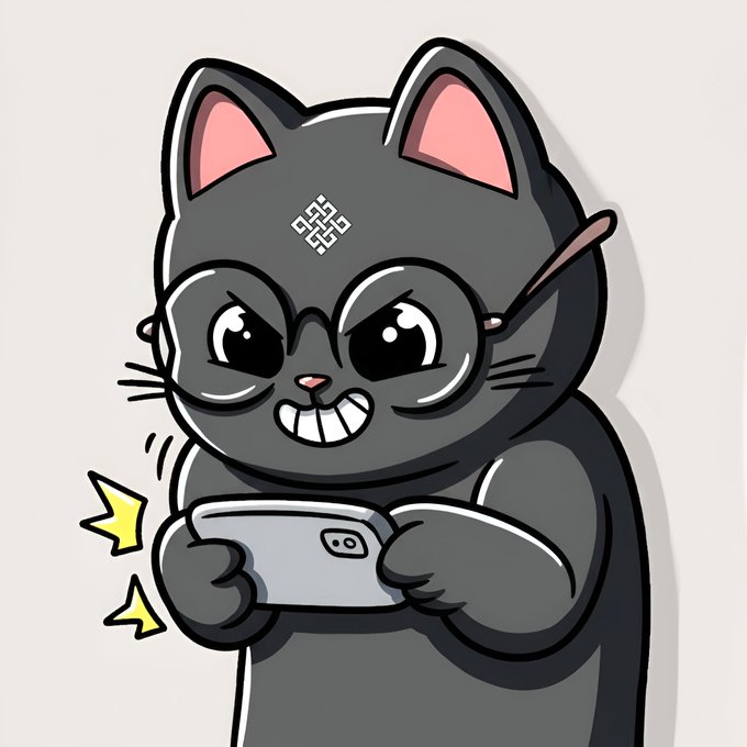 A cartoon gray cat with glasses, labeled "gSiggy" with a Celtic knot symbol on its forehead, intensely focuses on a smartphone while grinning with determination, as yellow action lines emphasize the excitement. The image perfectly captures the "gRitual gSiggy" character's playful spirit of gaming and having fun before returning to build the future.