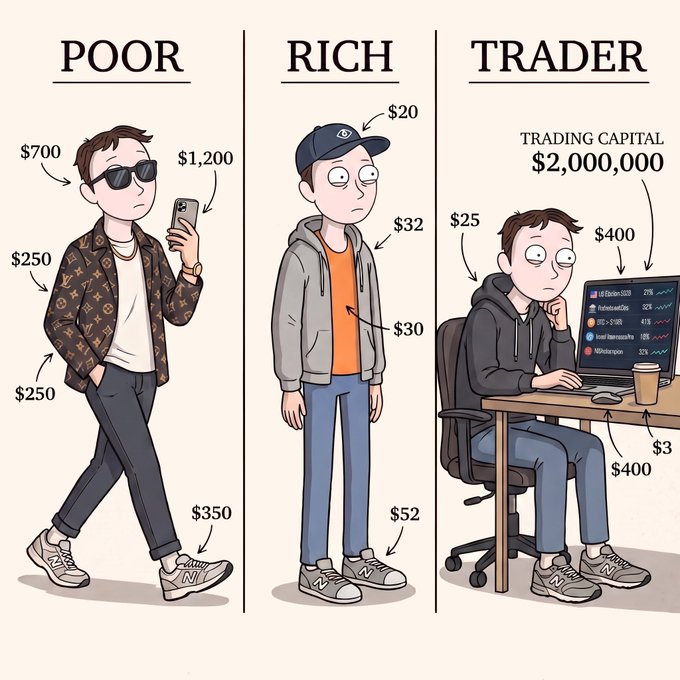 A three-panel cartoon comparing 'POOR' ($700 sunglasses, $1200 phone), 'RICH' ($20 hat, $32 hoodie), and 'TRADER' ($2,000,000 trading capital, $400 monitor) lifestyles, illustrating where their money goes.