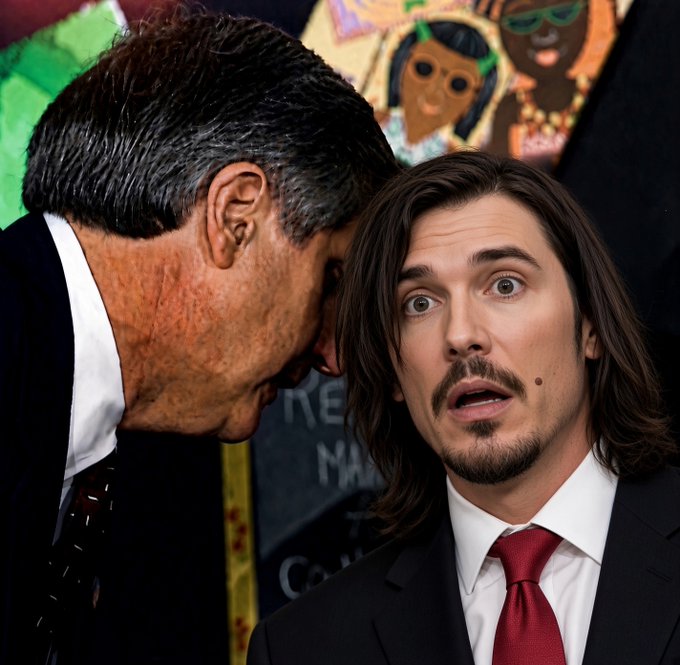 An older man in a suit leans in to whisper to a younger man with long hair and a goatee, who stares back with a wide-eyed, shocked expression while wearing a red tie. The humorous image pairs with the caption "sir @base got the grok coin," perfectly capturing the younger man's stunned reaction to hearing surprising crypto news.