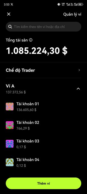 A Vietnamese-language crypto wallet app screen showing 'Quản lý ví' with total assets of $1,085,224.30, displaying accounts including 'Ví A' ($137,372.56) with sub-accounts like 'Tài khoản 01' ($136,605.60), and a green 'Thêm ví' button.