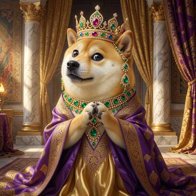 A Shiba Inu dog adorned with a jeweled crown, earrings, and an emerald necklace, dressed in royal purple and gold robes.