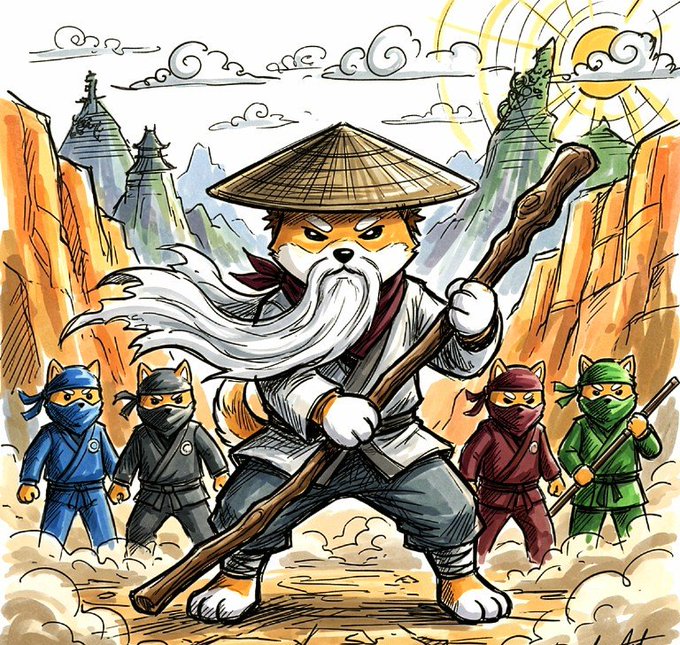 A colorful illustration of an anthropomorphic Shiba Inu dog dressed as a wise martial arts master with a conical hat, white beard, and staff, surrounded by four smaller ninja cats in blue, black, red, and green outfits.