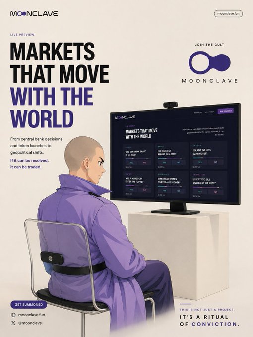 A promotional graphic for 'MOONCLAVE' featuring a bald figure in a purple robe watching a monitor displaying prediction markets, with text reading 'MARKETS THAT MOVE WITH THE WORLD' and 'JOIN THE CULT'.
