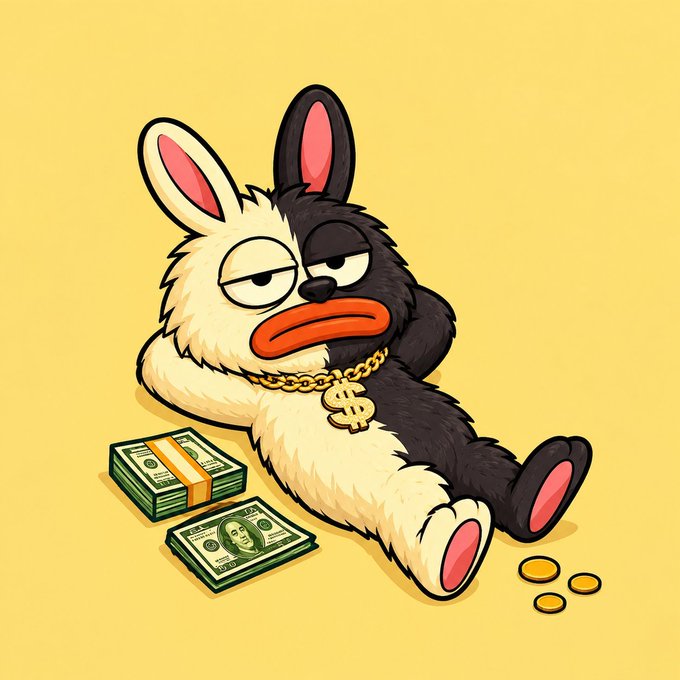 A cartoon rabbit plush with a dollar sign gold chain lounges beside stacks of $100 bills and gold rings, evoking the "flex wealth" aesthetic commonly used in crypto airdrop scams. The image aligns with the post's $SOL airdrop solicitation, which is a typical giveaway scheme designed to lure users into submitting their wallet addresses.