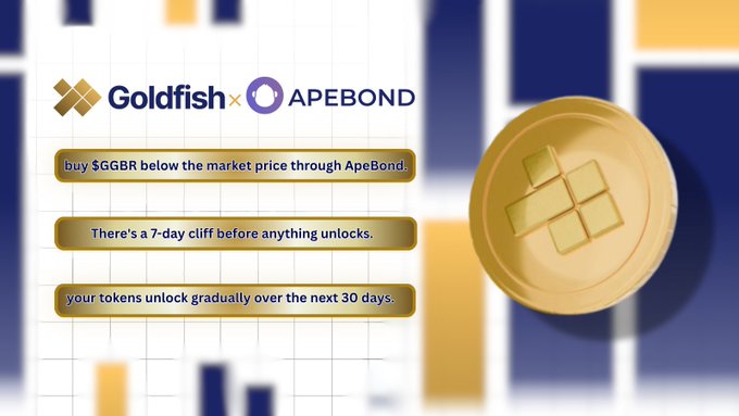 This image shows the "Goldfish x ApeBond" partnership, highlighting that users can buy $GGBR below market price with a 7-day cliff and gradual unlocking over 30 days. This illustrates the concept of waiting for a better entry point in the market, as mentioned in the accompanying post.