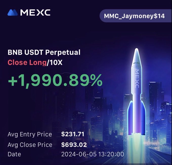 A promotional MEXC graphic displaying trading results: 'BNB USDT Perpetual', 'Close Long/10X', '+1,990.89%', with an Avg Entry Price of $231.71 and Avg Close Price of $693.02, dated '2024-06-05 13:20:00', featuring a rocket launching from a cityscape.