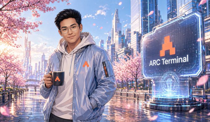 An anime-style illustration of a young man with glasses wearing a blue jacket and holding a black mug, standing in a futuristic city with cherry blossoms, next to a holographic sign displaying an orange 'A' logo and the text 'ARC Terminal'.