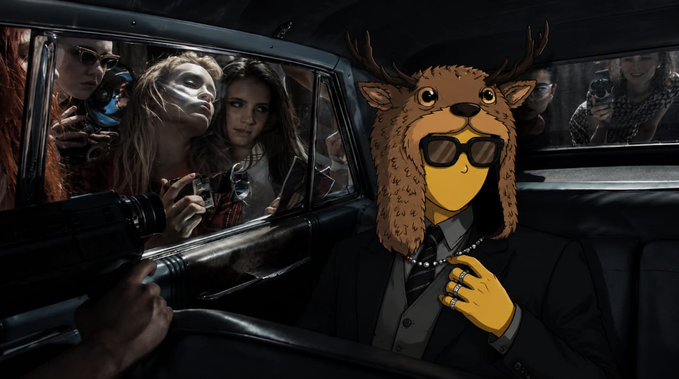 A humorous edited scene showing the character Shaggy in a suit with sunglasses superimposed inside a limousine, while paparazzi photograph from outside the window.