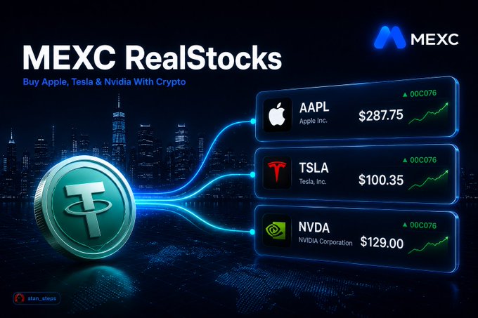 The image features an advertisement for Bitcoin and cryptocurrency exchanges, with a focus on real-time stock trading. The background of the image shows a city skyline at night, creating a contrast between the digital world represented by the cryptocurrencies and the traditional financial system depicted in the image. The text on the image emphasizes that buying Apple stocks is just one example of how to buy Bitcoin or other digital assets with US dollars.