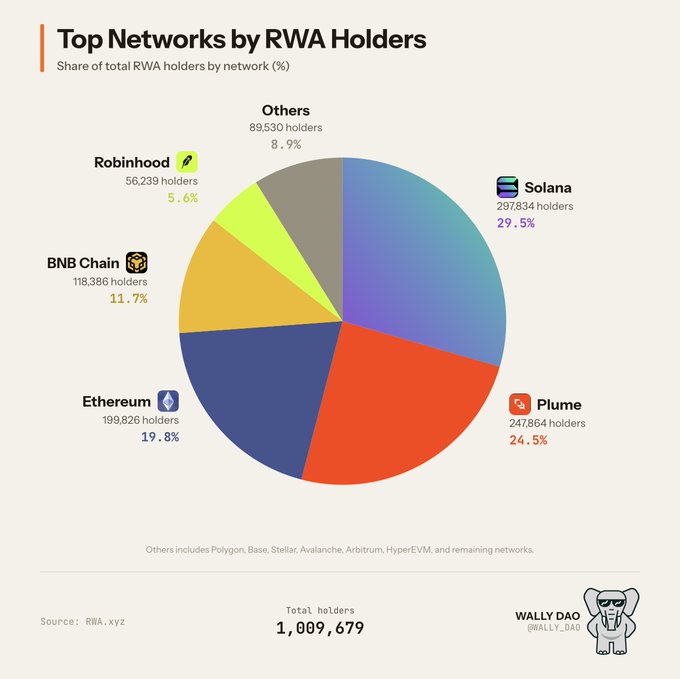 A pie chart titled 'Top Networks by RWA Holders' showing the market share of networks: Solana (29.5%), Plume (24.5%), Ethereum (19.8%), BNB Chain (11.7%), Robinhood (5.6%), and Others (8.9%), with a total of 1,009,679 holders.