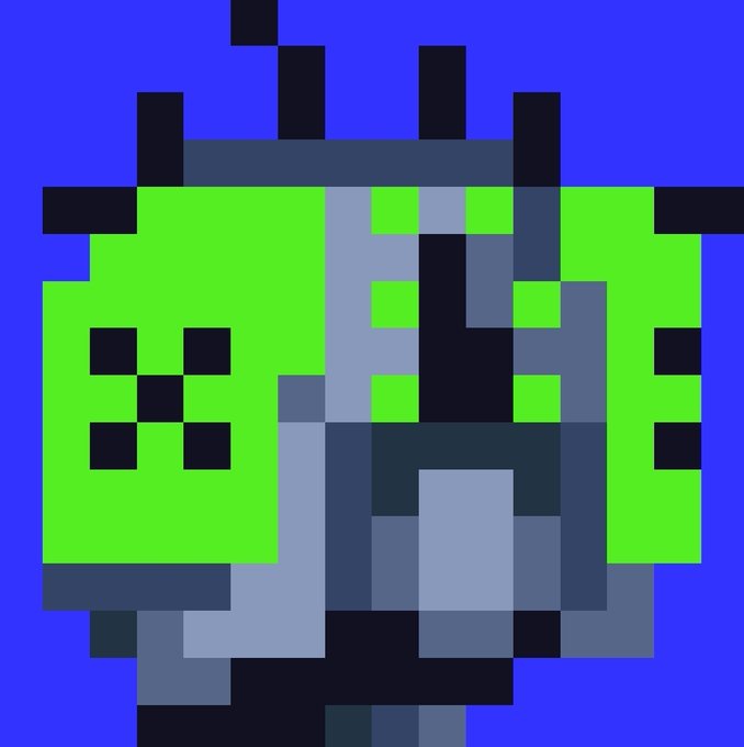 Pixel art of a zombie-like character with green skin, black eye sockets, and a dark body against a blue background.