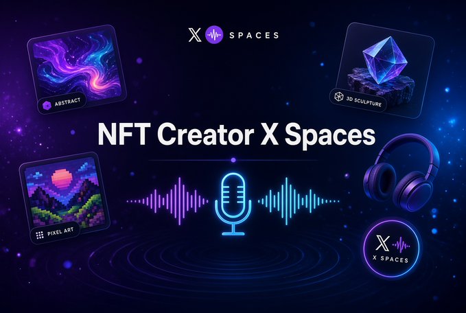 A promotional graphic for "NFT Creator X Spaces" featuring a glowing microphone, sound wave graphics, and NFT category tiles (Abstract, 3D Sculpture, Pixel Art) set against a cosmic purple-blue background, visually representing the new curated X Spaces section for NFT creators.