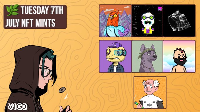 An illustrated graphic titled "TUESDAY 7TH JULY NFT MINTS" showcases a hooded figure labeled "WINGO" tossing a coin, alongside a gallery of seven cartoon-style NFT characters that visually represent the day's upcoming mints, including Wingston and Brawlers mentioned in the post.