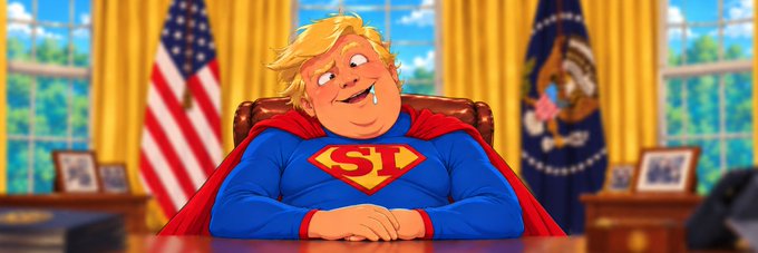 An animated cartoon character resembling a blonde politician dressed as Superman with an 'S1' logo, sitting at a desk in an office resembling the Oval Office with American flags in the background.