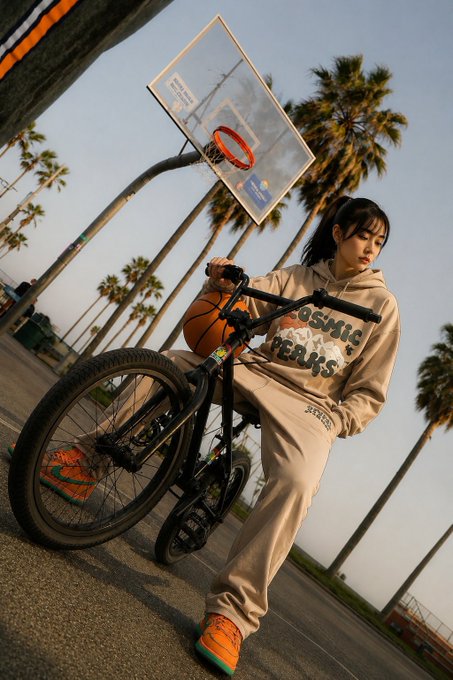 Low-angle photograph of a young woman in a beige 'COSMIC PEANUTS' tracksuit holding a basketball and a BMX bike under a basketball hoop with palm trees in the background.