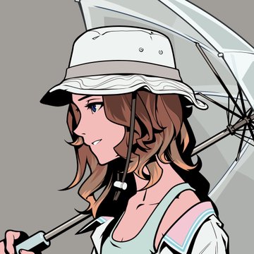An anime-style illustration of a girl with long brown hair wearing a white bucket hat, holding a transparent umbrella against a gray background.
