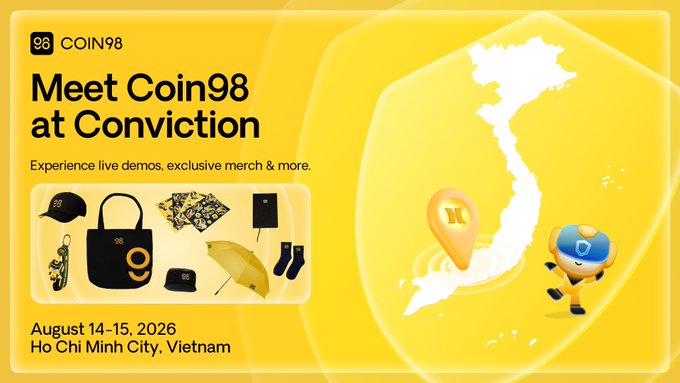 A bright yellow promotional banner for Coin98 announces their appearance at Conviction Vietnam, taking place August 14-15, 2026 in Ho Chi Minh City, featuring merchandise like a cap, tote bag, socks, and umbrella, alongside an illustrated map of Vietnam and a friendly mascot.