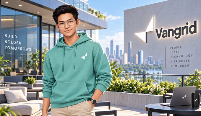 A young man wearing glasses and a teal hoodie stands in front of a 'Vangrid' logo with the text 'BUILD BOLDER TOMORROWS' and 'PEOPLE IDEAS TECHNOLOGY A BRIGHTER TOMORROW', set on a modern rooftop terrace overlooking a city skyline.