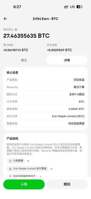 The image shows a mobile app screenshot of an "Infini Earn · BTC" interface displaying a holdings balance of 27.46355635 BTC, with total earnings of +0.06118713 BTC and daily rewards of +0.0029509 BTC. The details section reveals this is a floating-yield product issued by Iron Maple Limited (BVI), denominated in BTC with a minimum subscription of 0.00001 BTC. The image aligns with the post's message by visually confirming the poster's status as an early seed user of @0xinfini, showcasing real BTC holdings and rewards earned through the platform's floating-yield product.