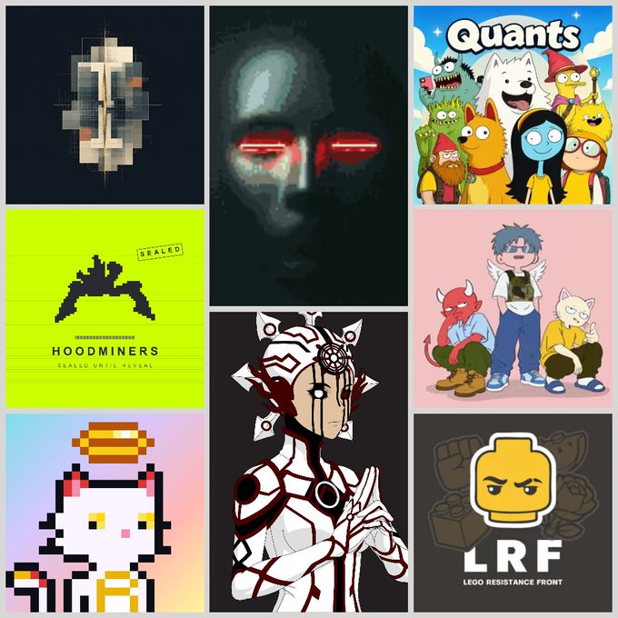 A collage featuring various digital artworks and NFT-style images, including ones labeled 'Quants', 'HOODMINERS', and 'LRF LEGO RESISTANCE FRONT', along with a pixelated white cat with a halo.