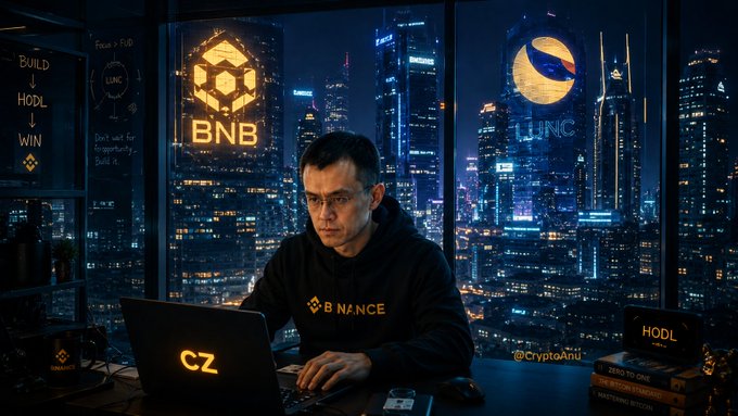 A young man wearing a black Binance hoodie works at a laptop labeled "CZ" against a nighttime cityscape, with illuminated $BNB and $LUNC logos glowing on either side, visually tying into the post's "BUILDING MODE ACTIVE" theme of juggling AI agents, $LUNC, and crypto projects.