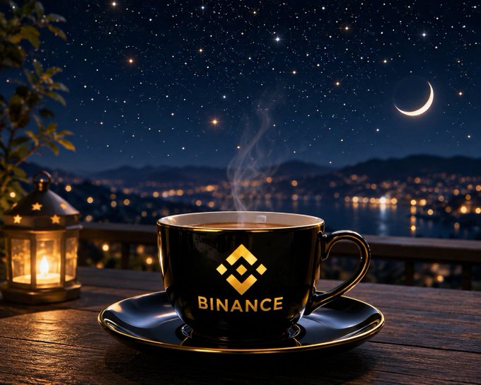 A black coffee mug with gold trim and the 'BINANCE' logo sits on a saucer, steaming next to a lit lantern against a night sky with stars and a crescent moon.