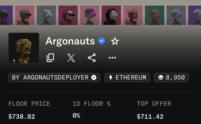 An NFT collection page for "Argonauts" by ARGONAUTSDEPLOYER on the Ethereum blockchain, showing a floor price of $738.82, a top offer of $711.42, and a 1D floor change of 0%.