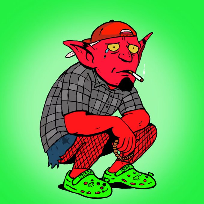 A digital illustration of a sad red goblin-like character wearing a plaid shirt, ripped shorts, and green crocs, crouching and smoking a cigarette against a green background.
