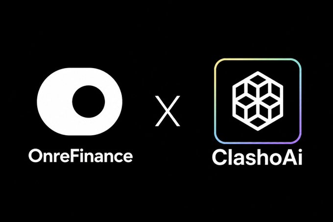 A promotional graphic showing a collaboration between OnreFinance and ClashoAi with their logos separated by an 'X'.