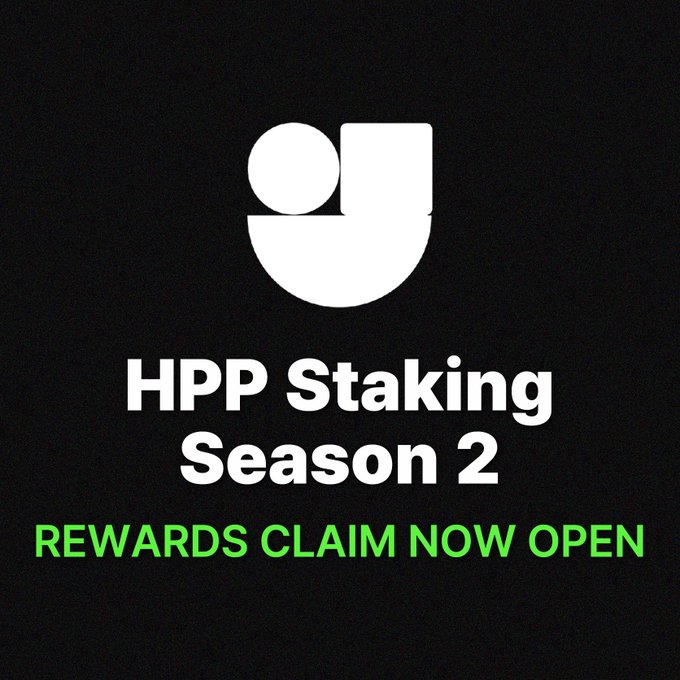 A promotional graphic with a black background featuring a white logo and the text 'HPP Staking Season 2' in white, followed by 'REWARDS CLAIM NOW OPEN' in green.