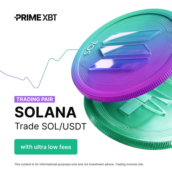 A promotional graphic for PrimeXBT advertising SOL/USDT trading pairs, featuring two stylized 3D cryptocurrency coins—one purple-blue Solana (SOL) coin stacked atop a green coin—with the text "TRADING PAIR SOLANA - Trade SOL/USDT with ultra low fees," aligning with the post's call to action for low-fee trading on the PrimeXBT platform.