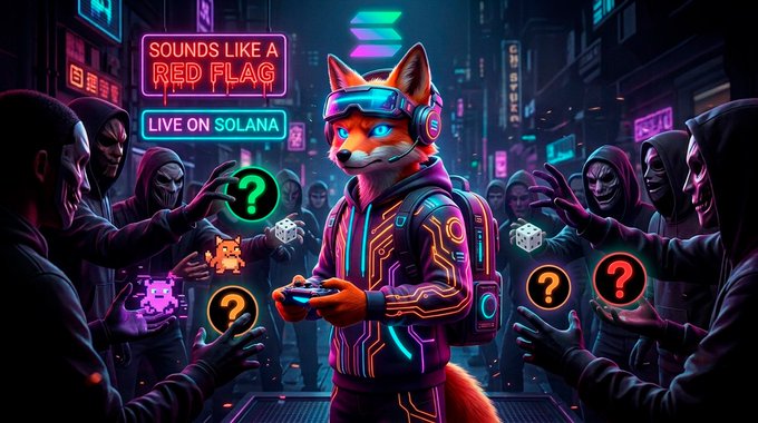 A cyberpunk-style illustration featuring a fox character wearing neon goggles and a tech jacket, surrounded by hooded figures, dice, and puzzle pieces, with neon signs reading 'SOUNDS LIKE A RED FLAG' and 'LIVE ON SOLANA'.