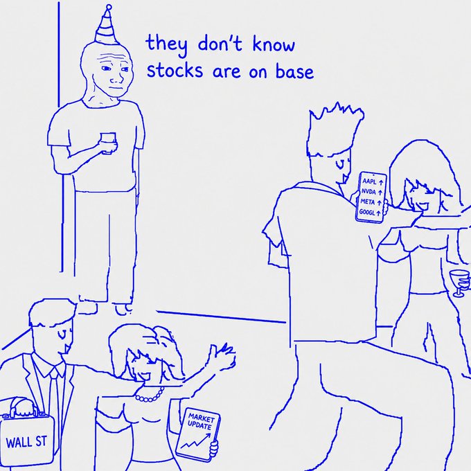 A blue line drawing shows a party scene where a man with a briefcase labeled "WALL ST" flirts with a woman holding a "MARKET UPDATE" document, while others casually glance at a phone displaying stock tickers (AAPL, NVDA, META, GOOGL) and a lonely partygoer in a party hat observes, with the caption "they don't know stocks are on base." The image humorously portrays Wall Street figures partying unaware that stocks have migrated to the Base blockchain ecosystem, illustrating the post's point that crypto/stock trading is shifting to Base.