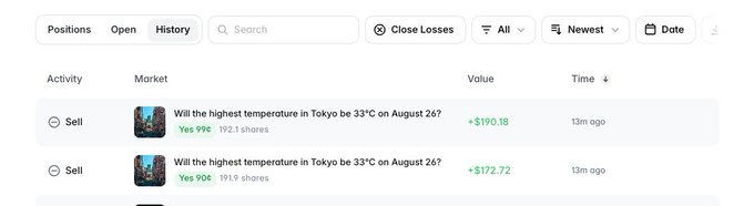 A trading platform history screen showing two 'Sell' positions on 'Will the highest temperature in Tokyo be 33°C on August 26?' for Yes 99¢ (+$190.18) and Yes 90¢ (+$172.72).