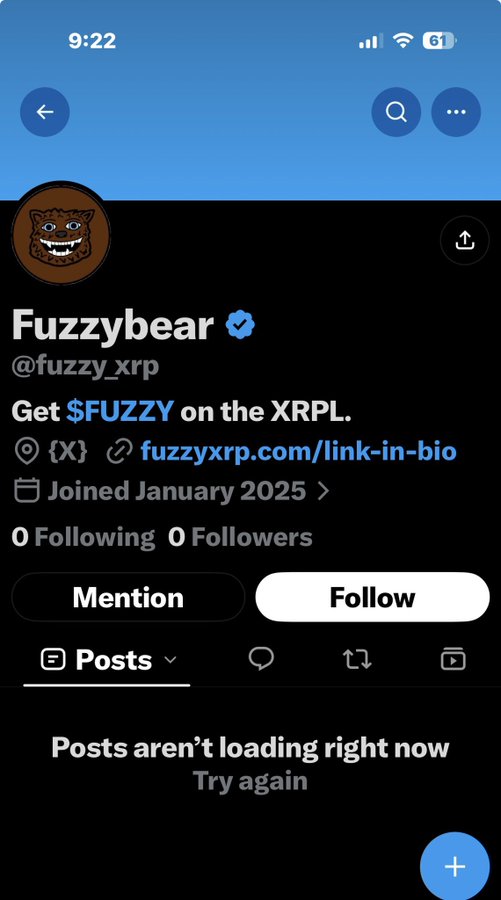 A Twitter/X profile screenshot for 'Fuzzybear' (@fuzzy_xrp) with the tagline 'Get $FUZZY on the XRPL.', showing 0 following, 0 followers, and a 'Posts aren't loading right now' message.