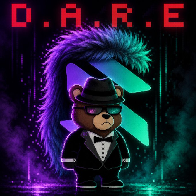Digital artwork featuring a teddy bear in a tuxedo, fedora, and 3D sunglasses with a purple mohawk, displayed against a neon digital rain background with the text 'D.A.R.E' in red at the top.