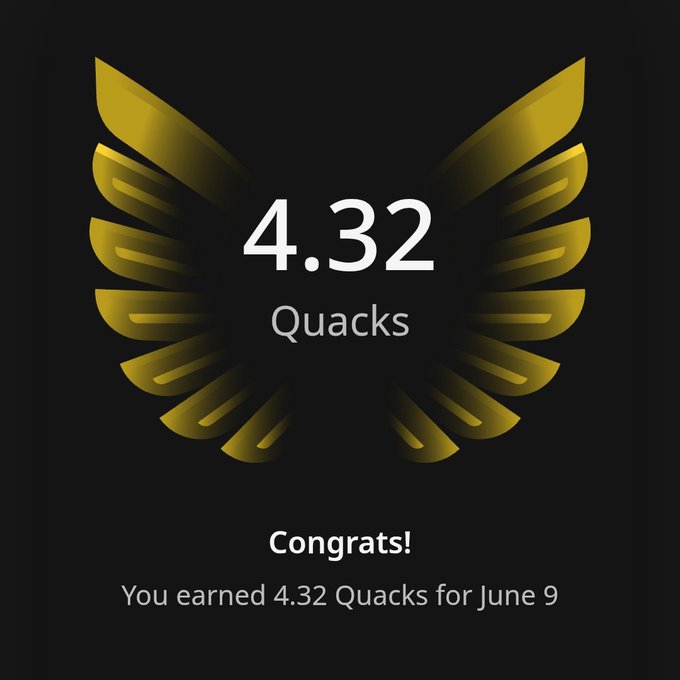 The image features a gold-colored logo of an eagle's wing design, accompanied by text that reads "congrats you earned 4.32 Quacks for June 9". The main focus of this image is the congratulatory message, which highlights the achievement or recognition of earning 4.32 Quacks in a specific time frame. This post seems to be promoting a social media account related to quacking, possibly an online community or a platform where users share and discuss quacking-related topics.