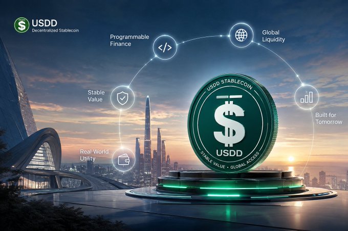 A promotional image for USDD (Decentralized Stablecoin) features a large green coin on a futuristic pedestal with icons representing Programmable Finance, Global Liquidity, Stable Value, Built for Tomorrow, and Real World Utility.