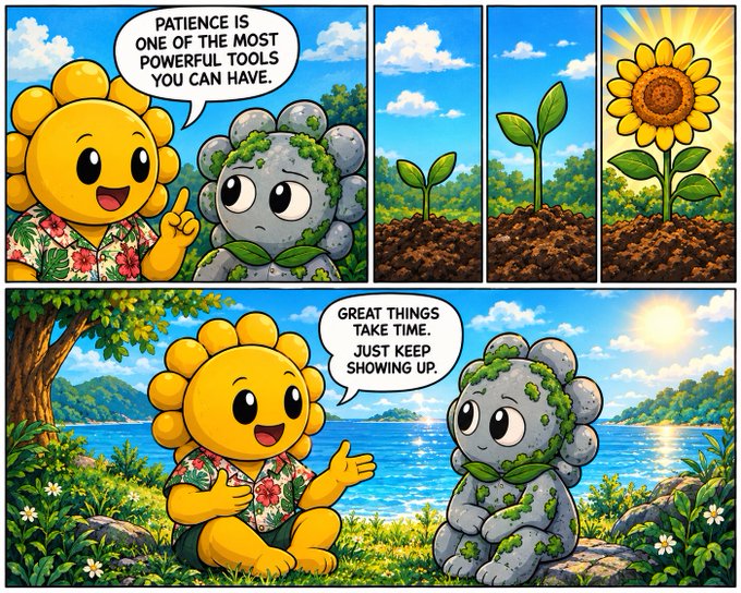 A comic strip featuring a yellow sun character and a gray rock character conversing, with speech bubbles reading 'PATIENCE IS ONE OF THE MOST POWERFUL TOOLS YOU CAN HAVE.' and 'GREAT THINGS TAKE TIME. JUST KEEP SHOWING UP.', accompanied by panels showing a plant growing into a sunflower.