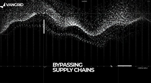 A black graphic with a wave-like data visualization and the text "BYPASSING SUPPLY CHAINS" with the "AVANGID" logo.